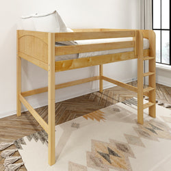 Natural light wood twin loft bed with ladder in a modern children's bedroom, space-saving elevated bed for small rooms