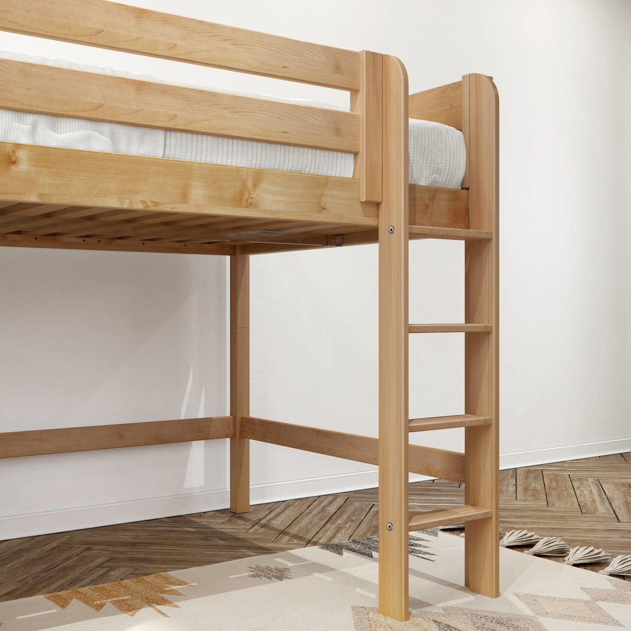 Natural pine wooden loft bed with integrated ladder in a minimalist kids bedroom, herringbone hardwood floor and patterned rug