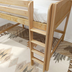 Light natural wood loft bed ladder and frame with mattress over patterned rug on herringbone wood floor