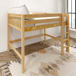 Twin natural-pine wooden loft bed with ladder and white bedding in a modern bedroom, elevated frame for under-bed storage, geometric area rug on herringbone wood floor