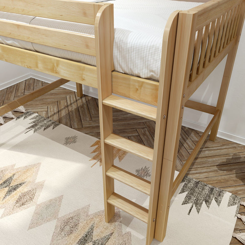 Natural solid wood loft bed ladder and guardrail with white mattress and patterned rug in modern kids' bedroom