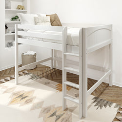 White wooden twin loft bed with ladder and guardrails in bright modern kids bedroom, styled with neutral throw pillows, woven storage basket and geometric area rug, space-saving children's bedroom furniture