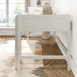 White toddler loft bed with guardrails in a bright modern kids bedroom, herringbone wood floor, boho area rug and neutral pillows