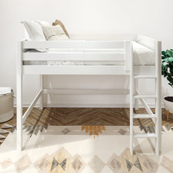 White wooden loft bed with ladder in minimalist kids' bedroom, neutral bedding, patterned rug, herringbone wood floor