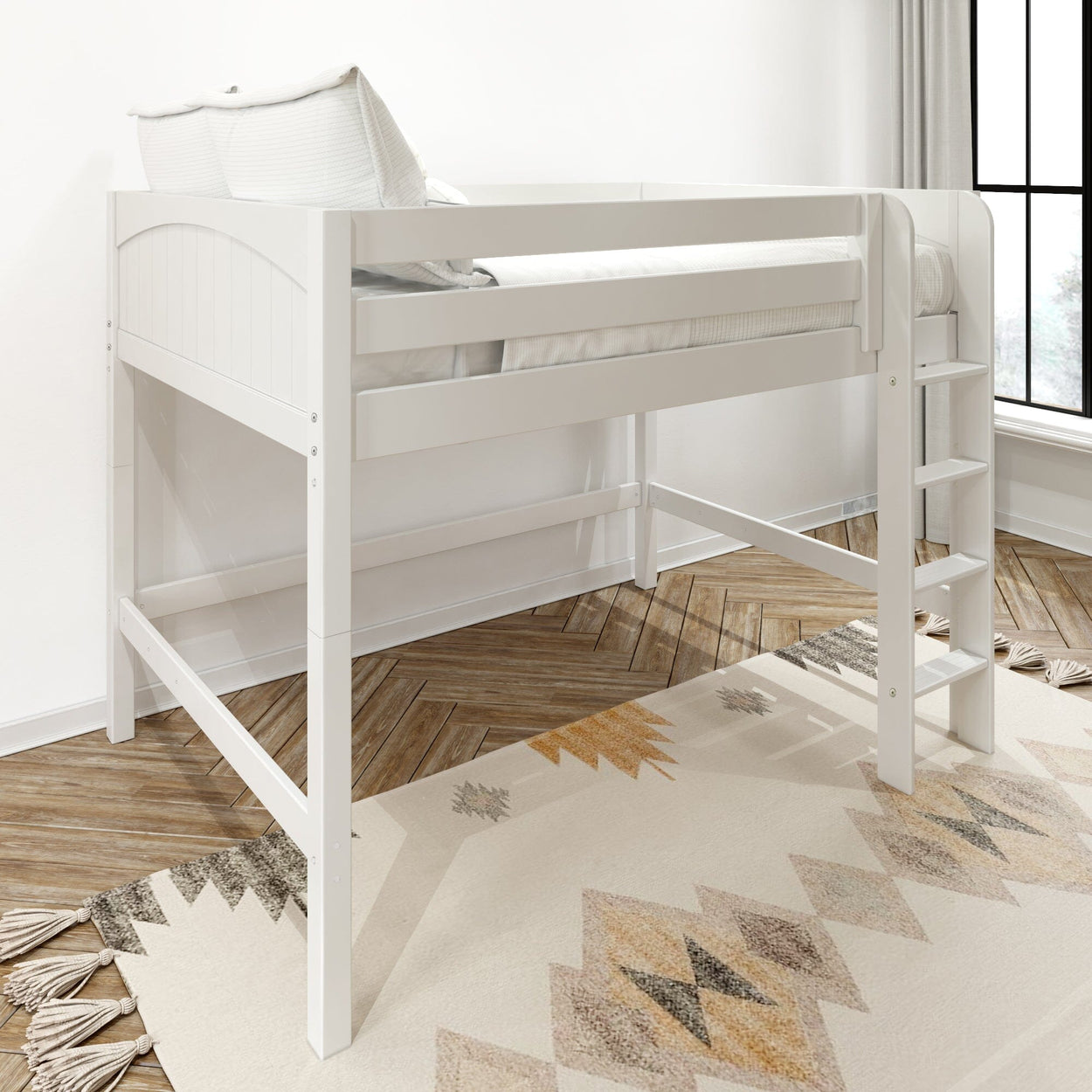 White wooden twin loft bed frame with ladder and safety rails, space-saving elevated bed for kids' bedroom in modern farmhouse style over herringbone wood floor and patterned rug