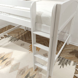White wooden loft bed ladder with four steps beside a twin bed, beige geometric rug and herringbone hardwood floor in a modern kids' bedroom
