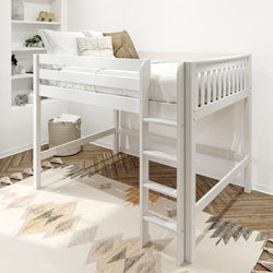 White wooden twin loft bed with ladder and guardrails in modern kids' bedroom, space-saving bunk-style bed for children and teens