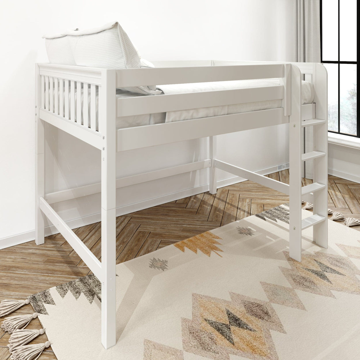 White wooden twin loft bed with ladder in bright modern kids bedroom, space-saving elevated bed with slatted guardrails and open under-bed storage