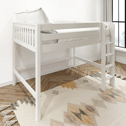 White wooden twin loft bed with ladder in bright modern kids bedroom, space-saving elevated bed with slatted guardrails and open under-bed storage
