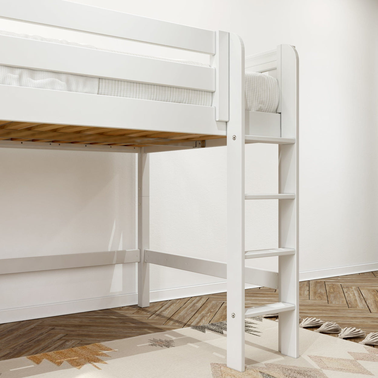 White wooden loft bed with ladder and slatted base over herringbone hardwood floor, twin mattress and neutral geometric rug in minimalist kids' bedroom