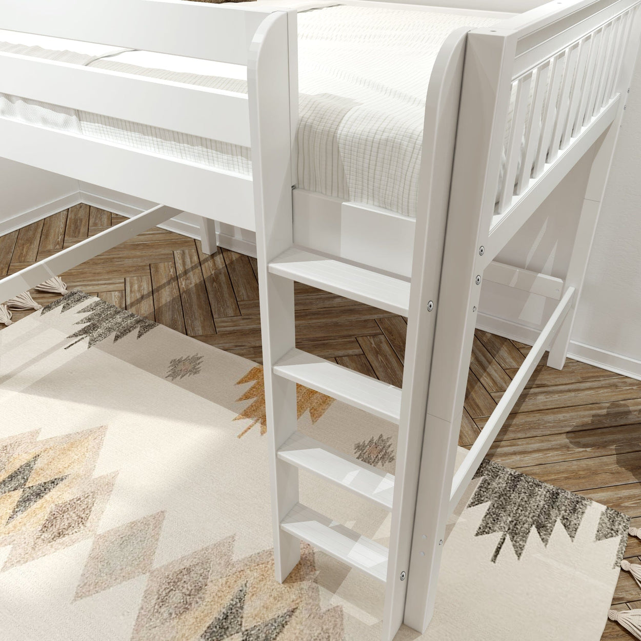 White wooden loft bed ladder with four steps over beige geometric area rug on herringbone hardwood floor in kids' bedroom