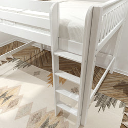 White wooden loft bed ladder with four steps over beige geometric area rug on herringbone hardwood floor in kids' bedroom