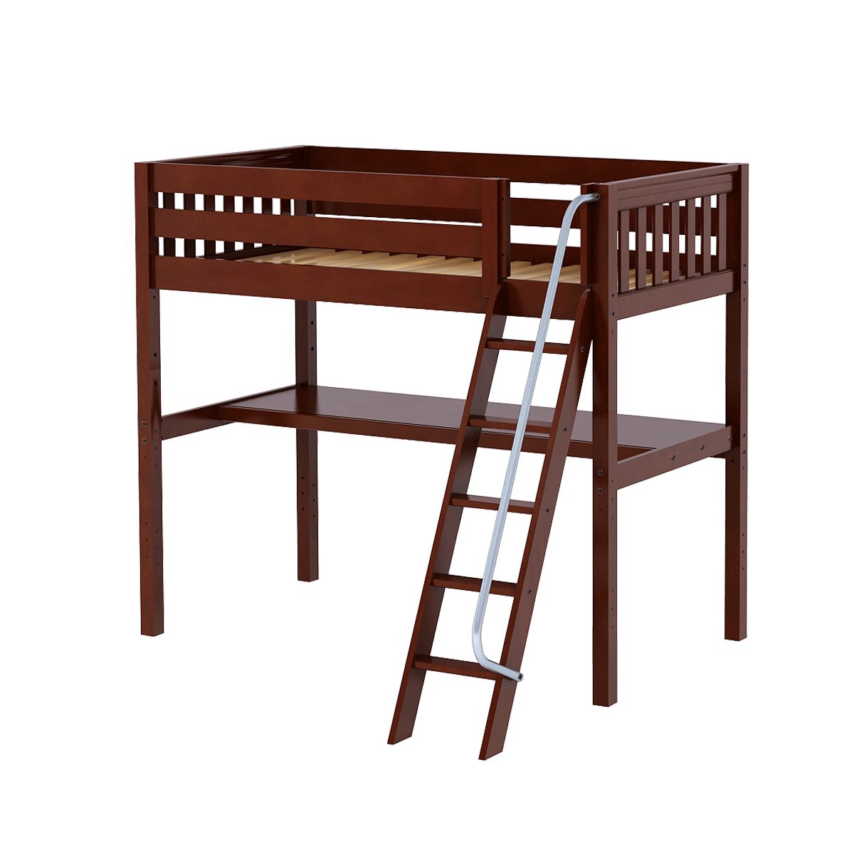 Wooden loft bed with ladder and integrated desk, ideal for maximizing space in small bedrooms.