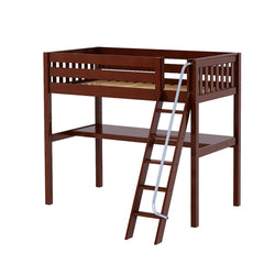 Wooden loft bed with ladder and integrated desk, ideal for maximizing space in small bedrooms.