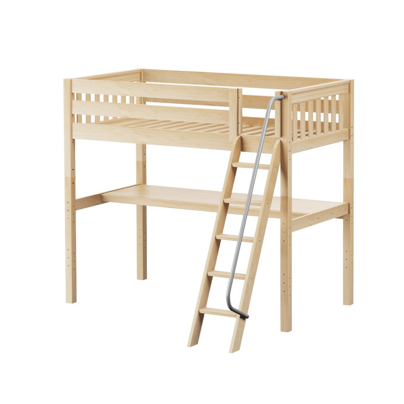Natural pine loft bed with angled ladder, safety rails and open under-bed desk area — space-saving twin loft bed for kids