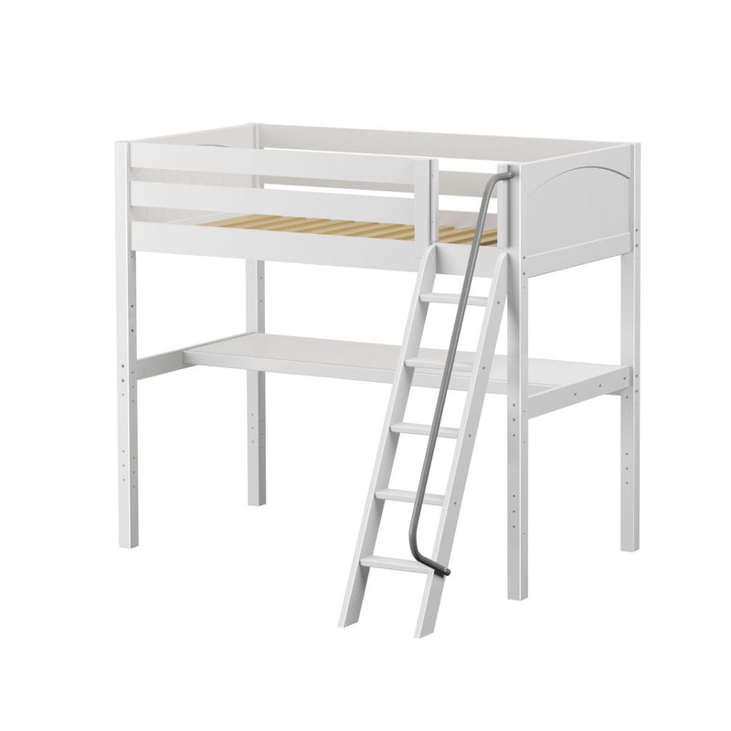 White twin loft bed with angled ladder, wooden slatted mattress support and underbed desk — space-saving modern kids' bed frame
