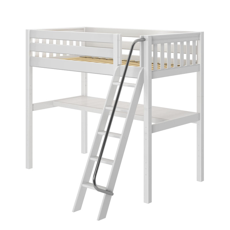 White wooden loft bed with guardrails and angled ladder, space-saving kids loft bed frame for children's bedroom