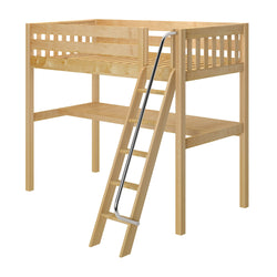 Wooden loft bed with ladder and built-in desk for space-saving bedroom design.