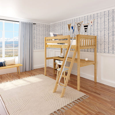 Wooden loft bed with ladder and desk area in a bright, stylish bedroom with chevron wallpaper.