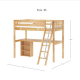 KNOCKOUT8 XL NS : Storage & Study Loft Beds Twin XL High Loft w/angled ladder, long desk, 22.5" low bookcase, Slat, Natural