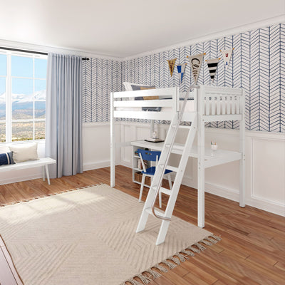 White loft bed with ladder and desk in modern kids' room with geometric wall pattern and view of mountains.