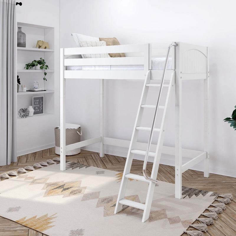 White loft bed with ladder and neutral pillows in a minimalist kids bedroom with boho rug and shelving