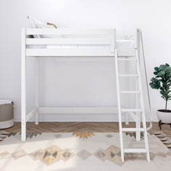 White loft bed with ladder and stylish decor in a modern bedroom setting.