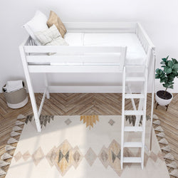 White loft bed with ladder in a modern bedroom featuring a geometric-patterned rug and decorative plant.