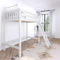 White loft bed with ladder in a modern, minimalistic bedroom with large window and geometric rug.