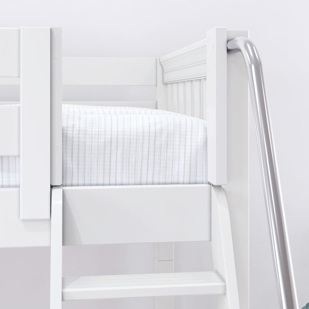 White bunk bed frame with ladder and striped mattress in a modern bedroom.