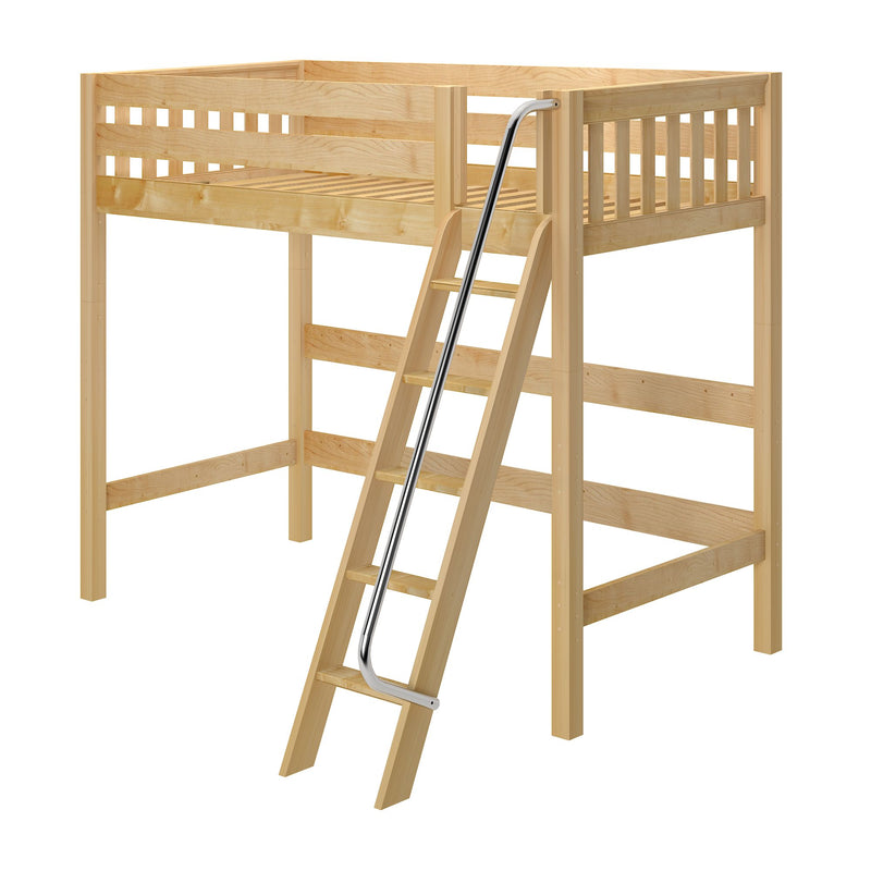 Natural pine loft bed with angled ladder and chrome handrail, slatted guardrails and open under‑bed space for storage