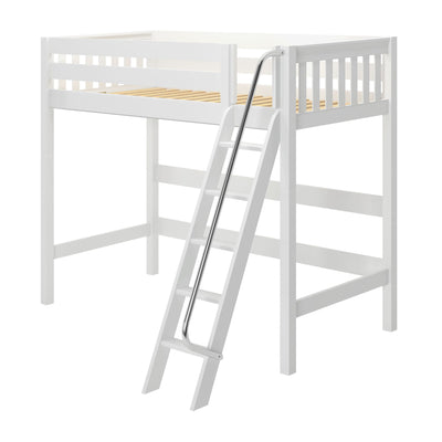 White wooden loft bed frame with ladder designed for small space optimization.