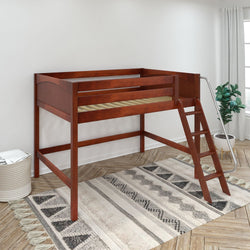 Cherry wood twin loft bed with ladder and safety rails in bright kids' bedroom, patterned rug and potted plant