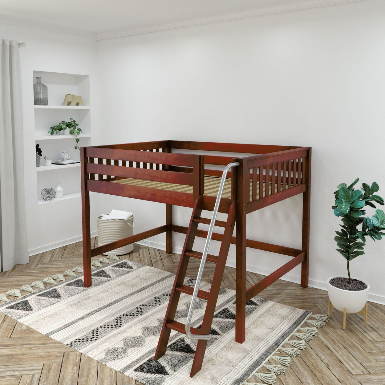 Brown wooden twin loft bed with ladder in modern minimalist kids bedroom, space-saving raised bed over patterned rug and potted plant.