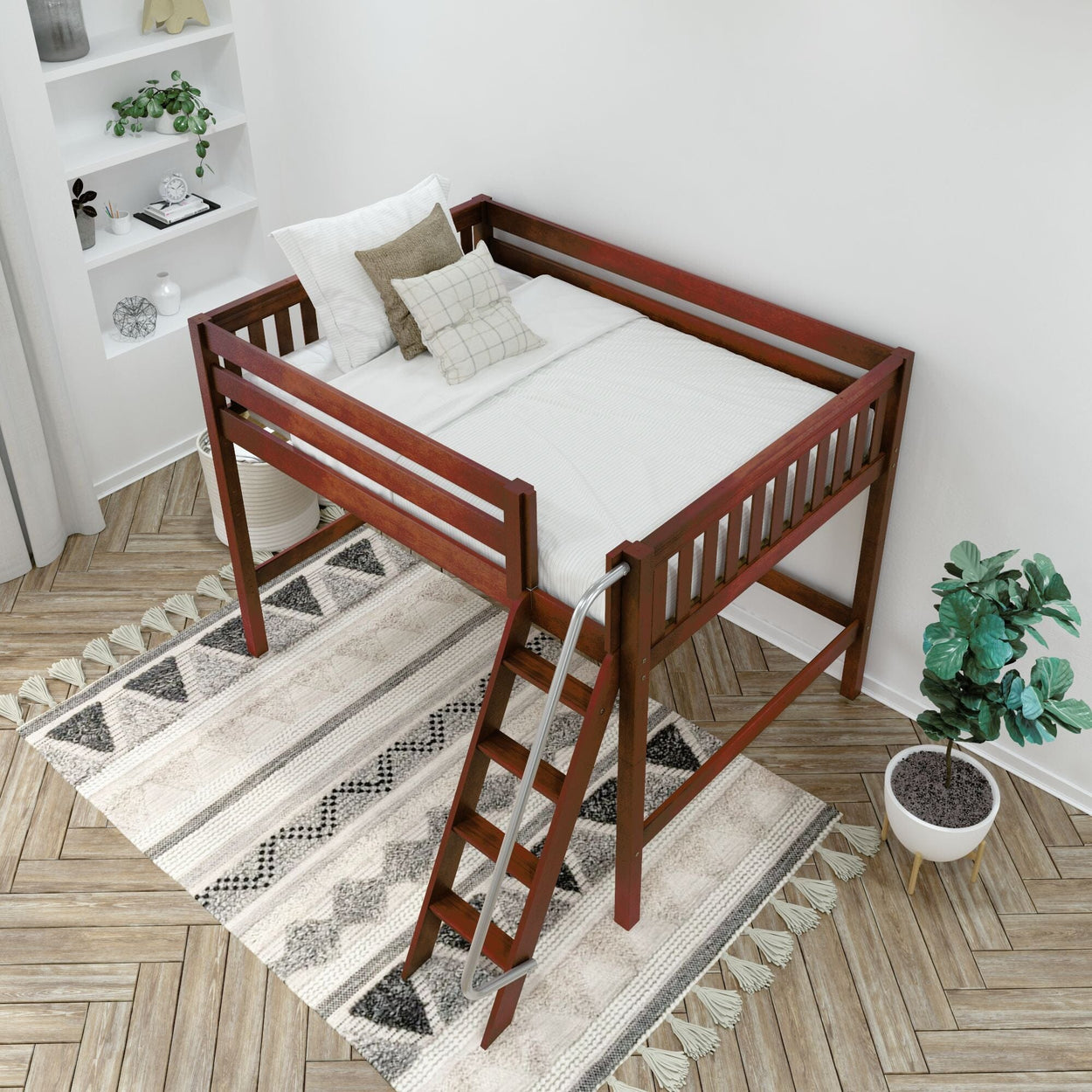 Wooden twin loft bed with ladder, white bedding and pillows in modern bedroom with patterned rug and potted plant