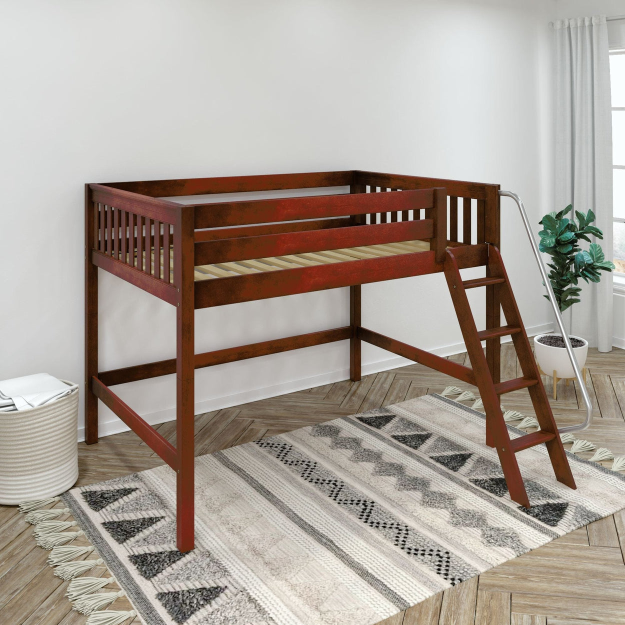 Red-stained wooden twin loft bed with angled ladder and safety rails in modern kids' bedroom, space-saving children's furniture
