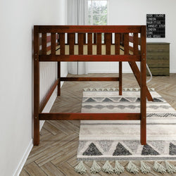 Rustic twin wooden loft bed in modern small bedroom with patterned tassel area rug and herringbone wood floor