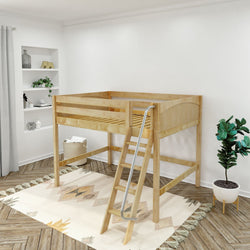 Light wood loft bed with ladder in a modern minimalist kids' bedroom featuring a geometric area rug, potted plant, and built-in shelving