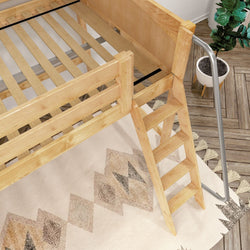 Natural wood loft bed with ladder and slatted mattress support above geometric area rug in modern bedroom — space-saving kids bunk bed