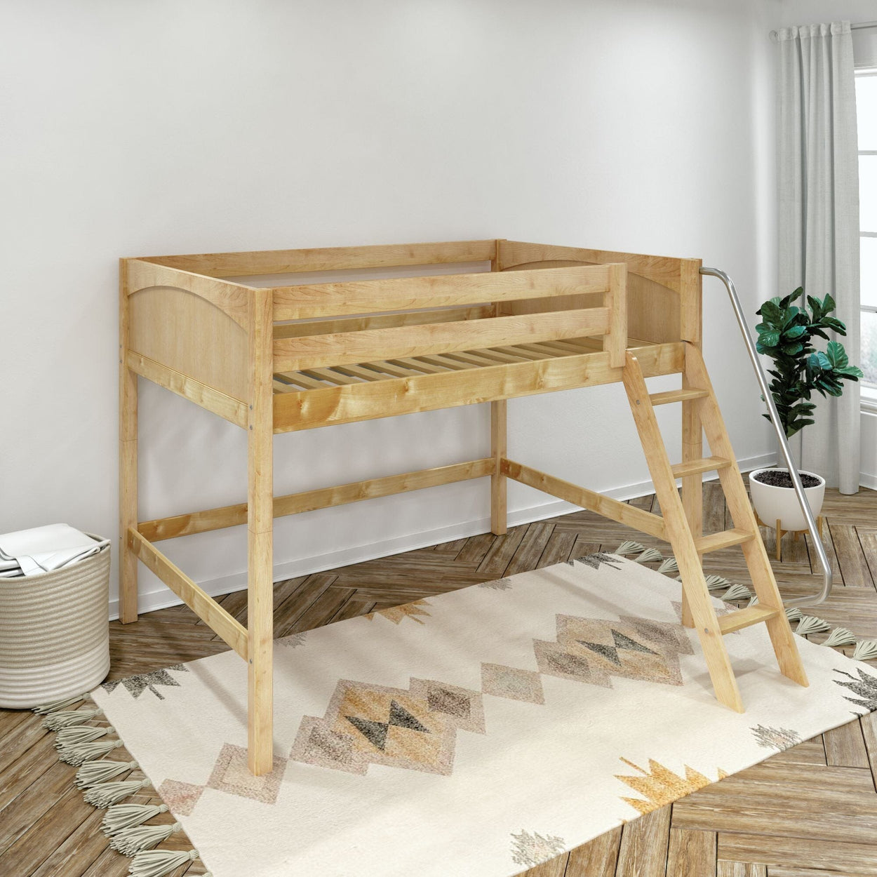 Natural wood twin loft bed frame with ladder and safety rails, space-saving kids' bedroom furniture on patterned rug