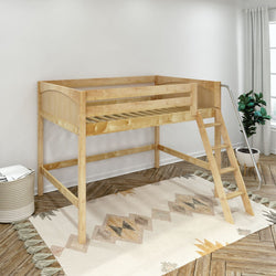 Natural wood twin loft bed frame with ladder and safety rails, space-saving kids' bedroom furniture on patterned rug