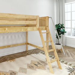 Natural wood loft bed with ladder and metal slide in a bright modern kids' bedroom, space-saving bunk bed design with potted plant, herringbone floor and geometric rug