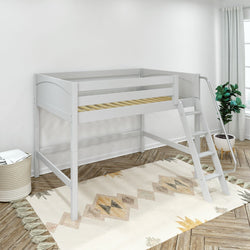 White wooden loft bed frame with ladder and safety rails in modern kids' bedroom, patterned area rug, potted plant and laundry basket on herringbone hardwood floor