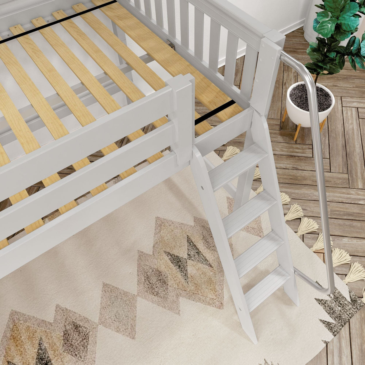 White wooden loft bed with attached ladder and wood-slat mattress support over a beige geometric rug on hardwood floors with a potted plant — modern kids bedroom furniture