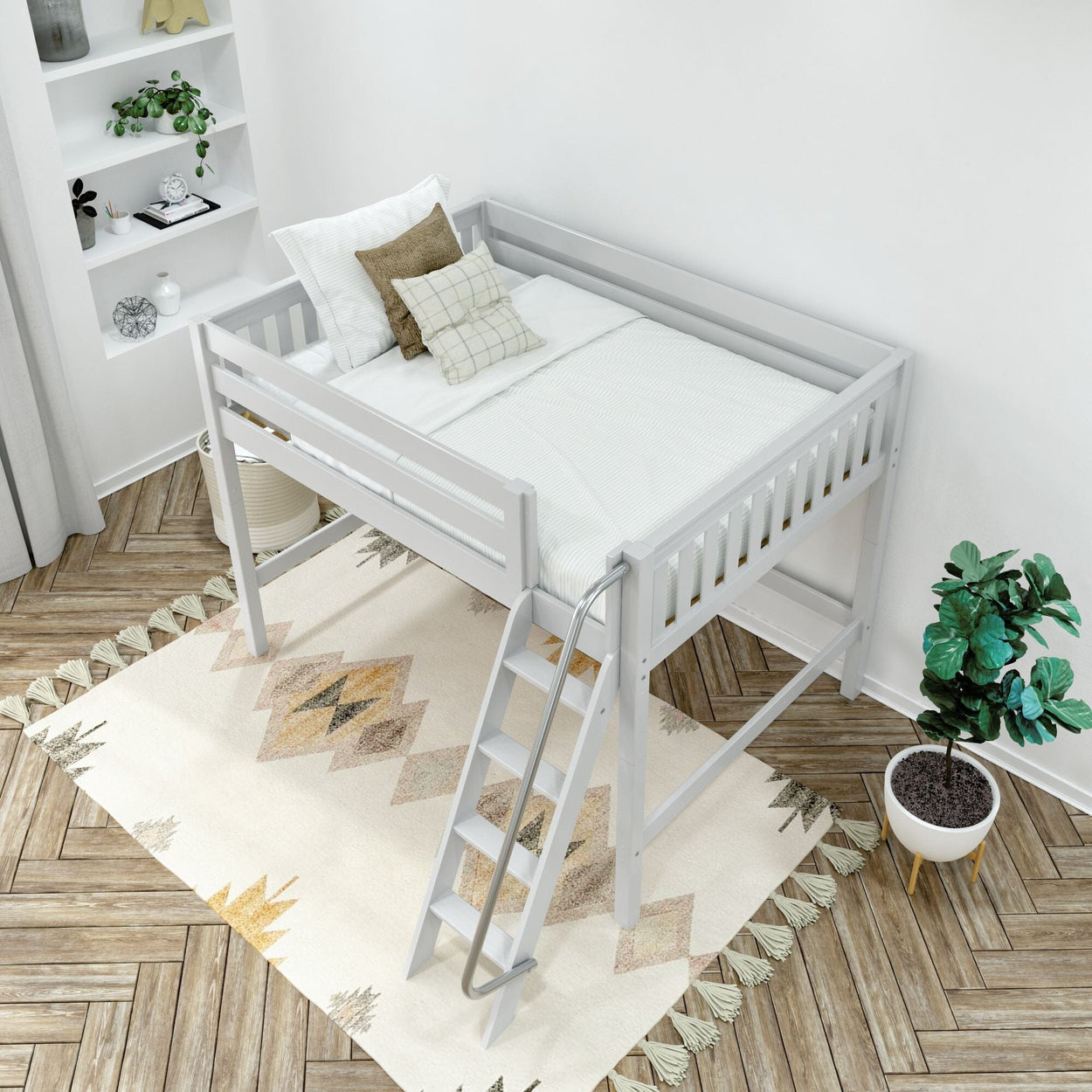 White loft bed with ladder in minimalist kids' bedroom, neutral bedding, boho rug, potted plant and herringbone wood floor.