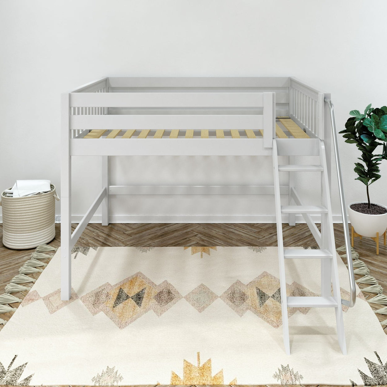 White loft bed with ladder and safety rails, wooden slats over patterned rug in modern kids' bedroom with potted plant and woven storage basket