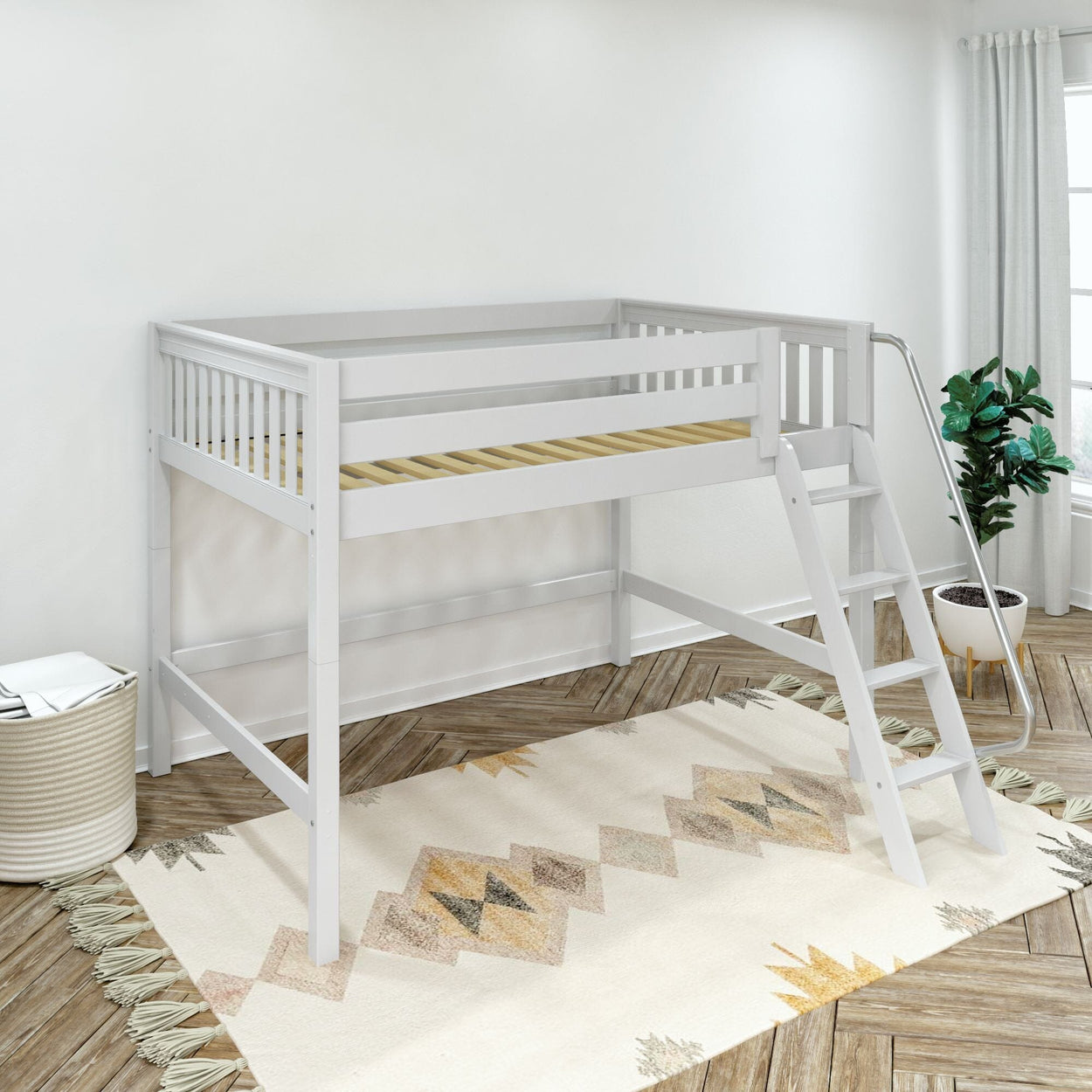 White twin loft bed with ladder and slatted mattress base in a modern space-saving kids bedroom with geometric rug and potted plant