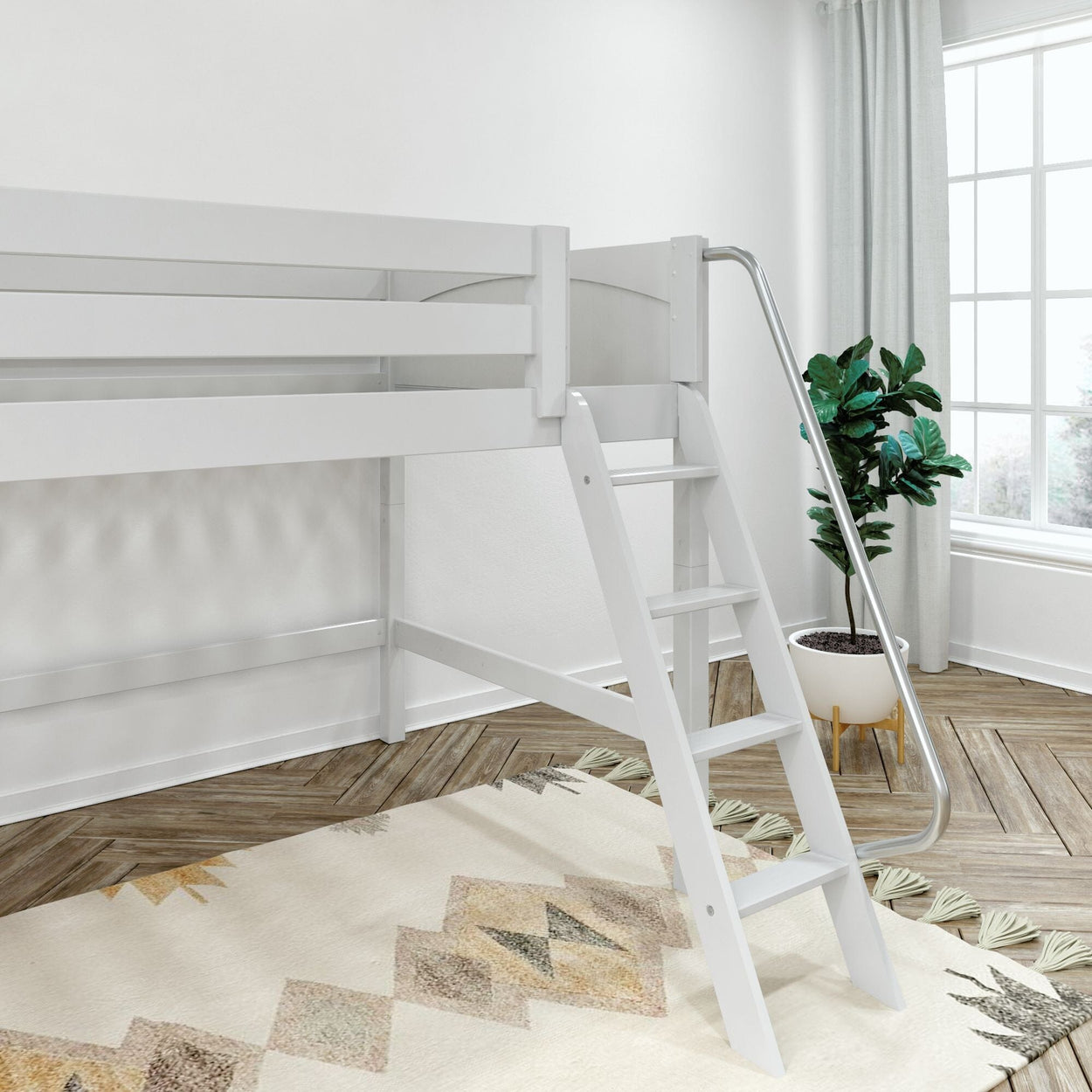 White wooden loft bed with angled ladder in modern minimalist bedroom with herringbone wood floor, patterned area rug, and potted plant by a large window