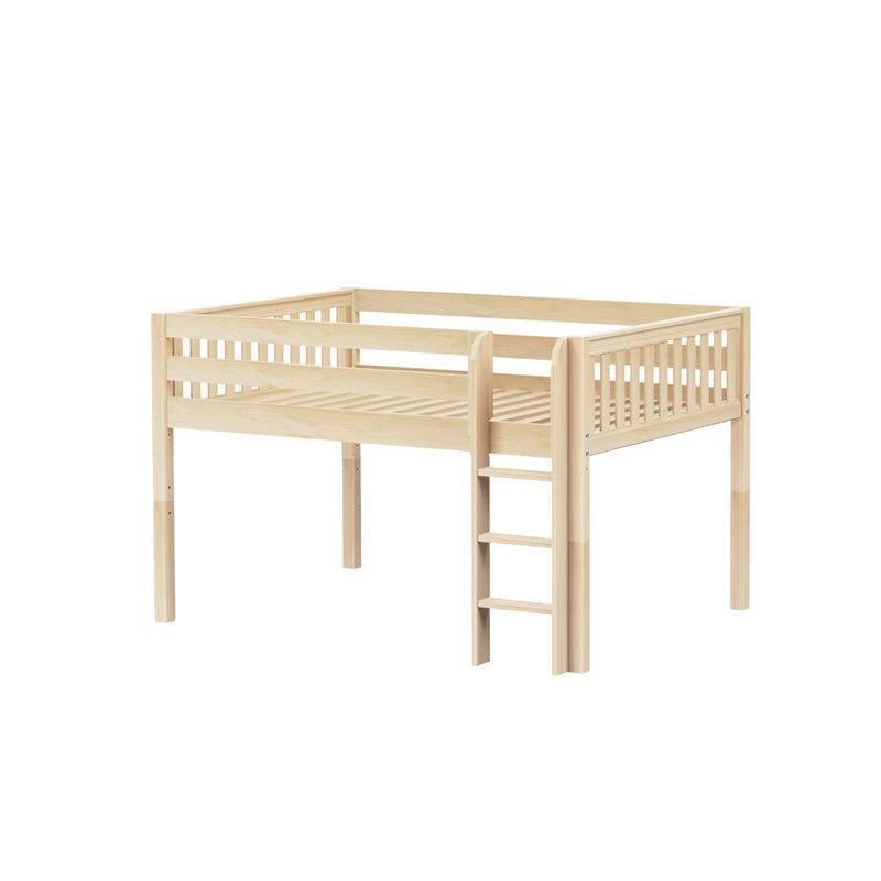 Natural pine single loft bed with ladder and slatted safety rails, elevated space-saving bed frame for kids' bedroom
