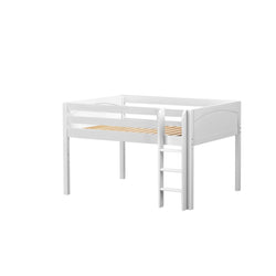 White wooden loft bed with ladder, ideal for kids' small bedrooms.